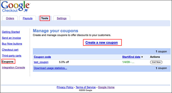 Create a coupon in Google Checkout