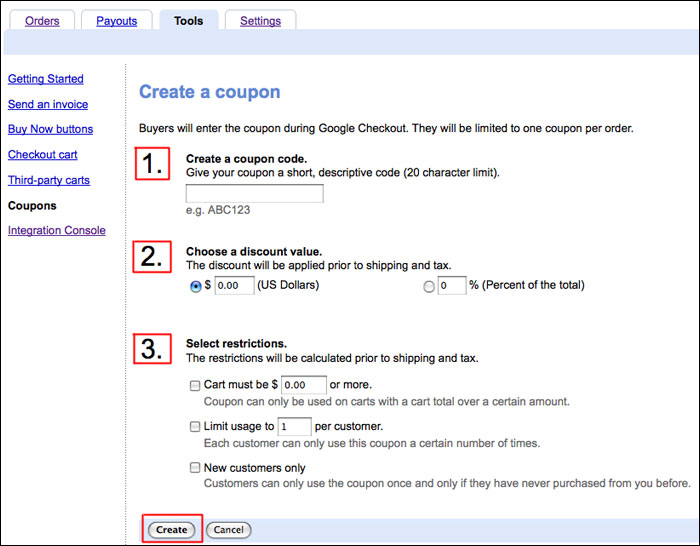 Create a coupon in Google Checkout